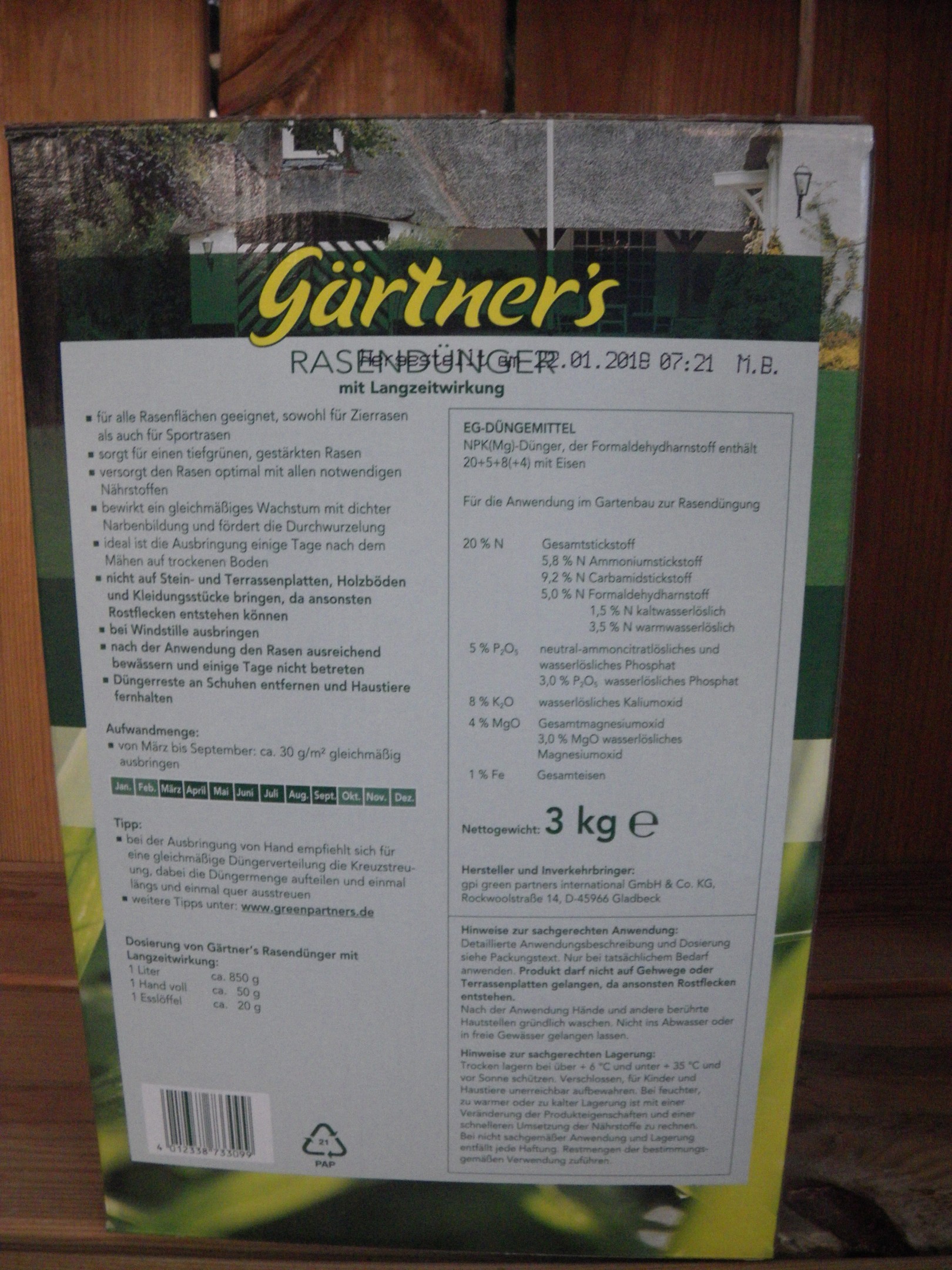 Gärtners Rasendünger mit Langzeitwirkung 3kg Packung Bild 2